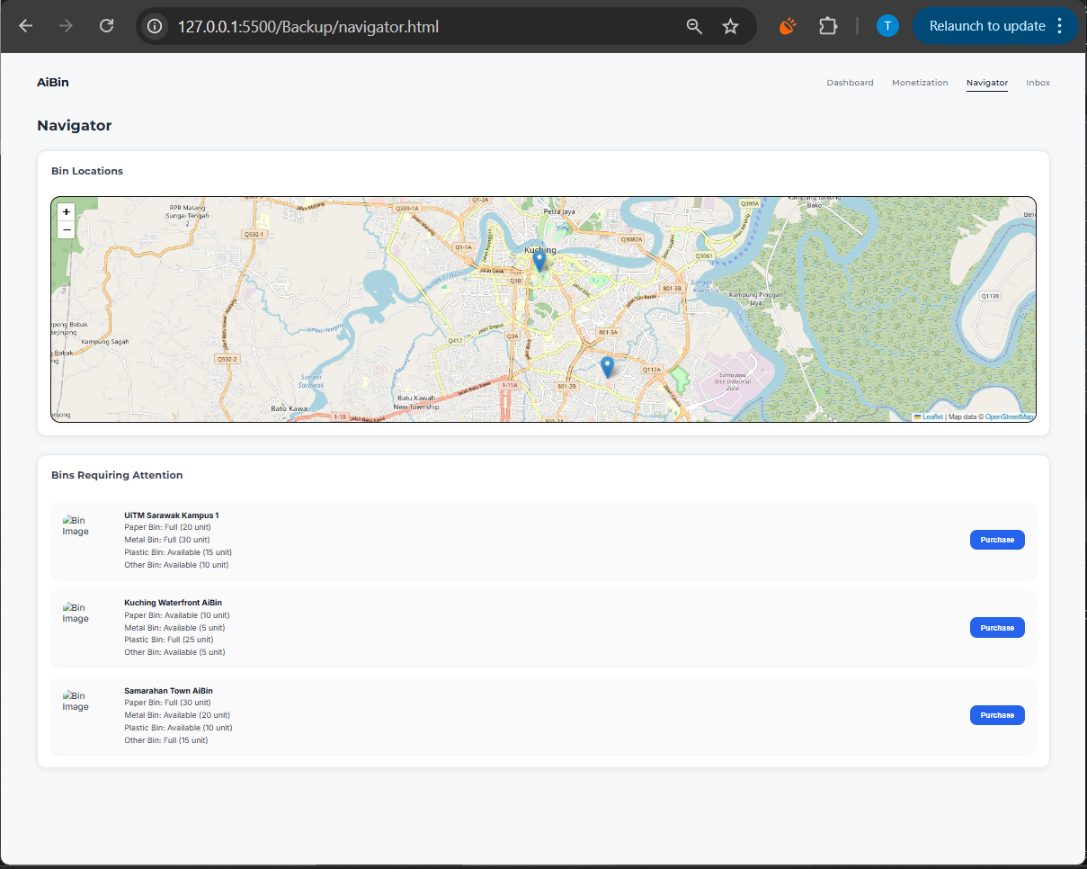 AiBin navigator with nearby bin locations listing