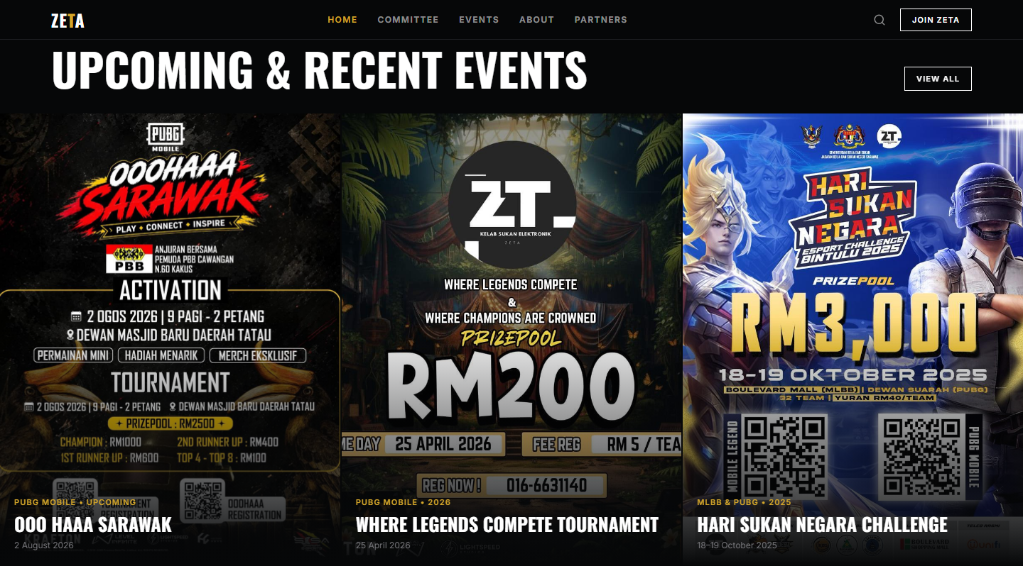 ZeTa Esport events spotlight section